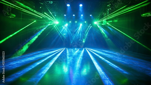 Abstract empty room with blue and green neon light lines on a dark background, a nightclub interior design, a stage for a DJ party or show performance, a virtual space for dance video production.