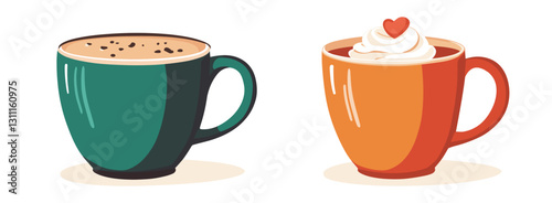 Cute Flat Cartoon Vector Illustration with 2 cups of cappuccino coffee with chocolate and whipped cream