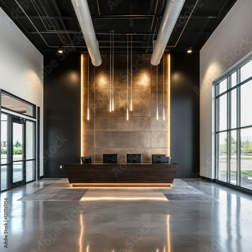 A reception area featuring a sleek  contemporary architectural style