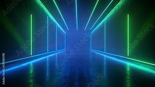 Abstract empty room with blue and green neon light lines on a dark background  a nightclub interior design  a stage for a DJ party or show performance  a virtual space for dance video production.