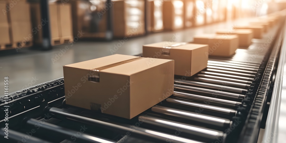 Cardboard boxes on automated conveyor in warehouse (1) Cardboard boxes on automated conveyor in warehouse (1)