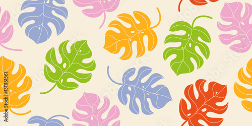 Colorful hand drawn monstera leaf pattern in childish style. Fun floral pattern design for kids. Design for fabric, textiles, clothing, wrapping, cover, decor, backgrounds.