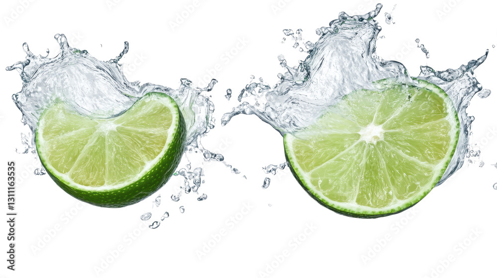 Fresh lime slices in water with juicy green and yellow citrus fruit Fresh lime slices in water with juicy green and yellow citrus fruit