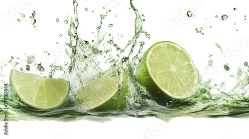 Fresh lime slices in water with juicy green and yellow citrus fruit