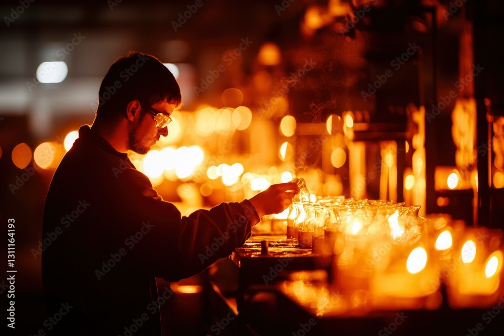 Factory Worker Checks Glass Production Factory Worker Checks Glass Production