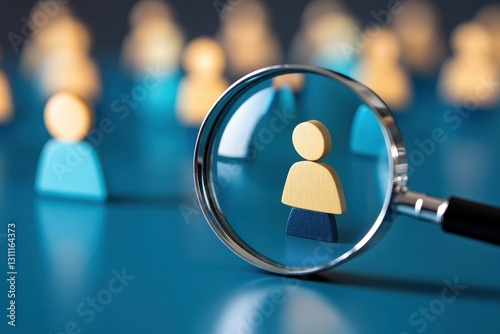 Magnifying Glass Highlighting Wooden Figure On Desk.