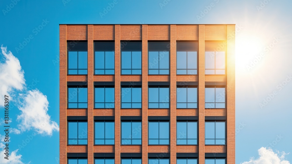 Modern Brick Building with Large Windows Illuminated by Bright Afternoon Sunlight Modern Brick Building with Large Windows Illuminated by Bright Afternoon Sunlight