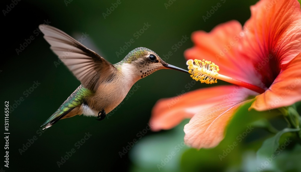 Hummingbird sips nectar from hibiscus Hummingbird sips nectar from hibiscus