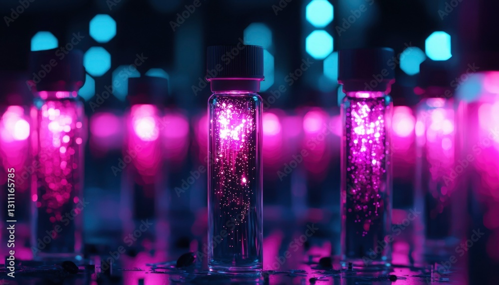 Glowing vials in a lab with bokeh background Glowing vials in a lab with bokeh background
