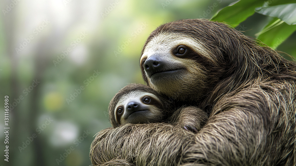 Fototapeta premium Mother sloth embraces baby in lush forest setting