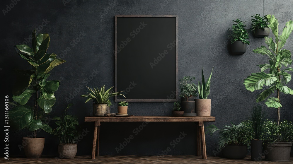 Dark room with plants and empty frame, home decor mockup