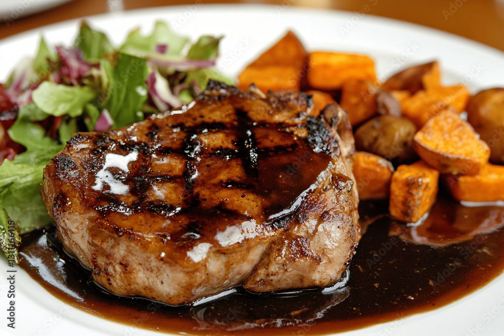 Pork Chop with Brown Sauce, Sweet Potatoes & Fresh Salad in Vibrant Colors