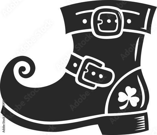 Silhouette of a leprechaun shoe with buckles and a shamrock, symbolizing Irish folklore and luck.