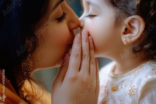 A mother kisses her young daughter tenderly on the hand