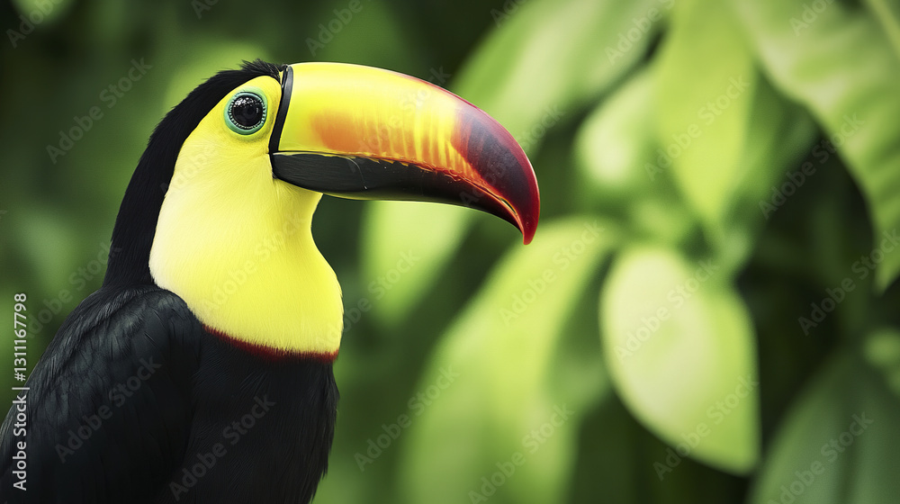 Fototapeta premium Vibrant toucan portrait with lush green background