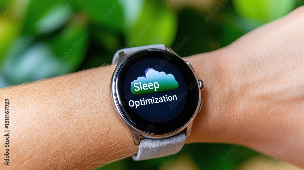 Smartwatch on wrist displaying sleep optimization metrics in a lush green background for lifestyle and health concept Smartwatch on wrist displaying sleep optimization metrics in a lush green background for lifestyle and health concept