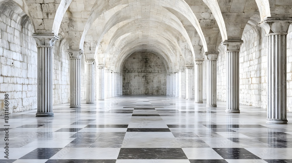 Expansive interior of a grand hall featuring tall columns and a striking checkerboard floor design Expansive interior of a grand hall featuring tall columns and a striking checkerboard floor design