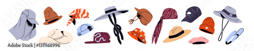 Set of different headdress. Headwears, headgears. Knitted hat, summer cap, panama, bandana, beret. Wearings, accessories, clothes for head. Flat isolated vector illustrations on white background