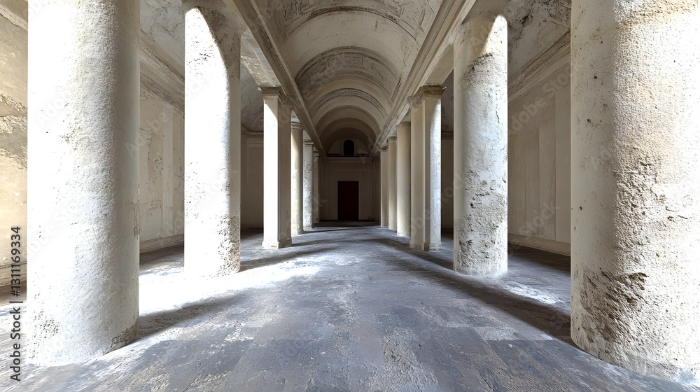 Obraz premium Expansive interior of a historic building showcasing tall columns and a serene atmosphere