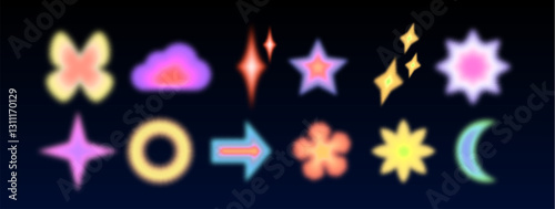 Shape collection with colorful y2k aesthetic and soft blur effect. Glowing icons of star and cross, cloud and arrow, circle, moon and sparkles. Nostalgic retro futuristic neon design elements.