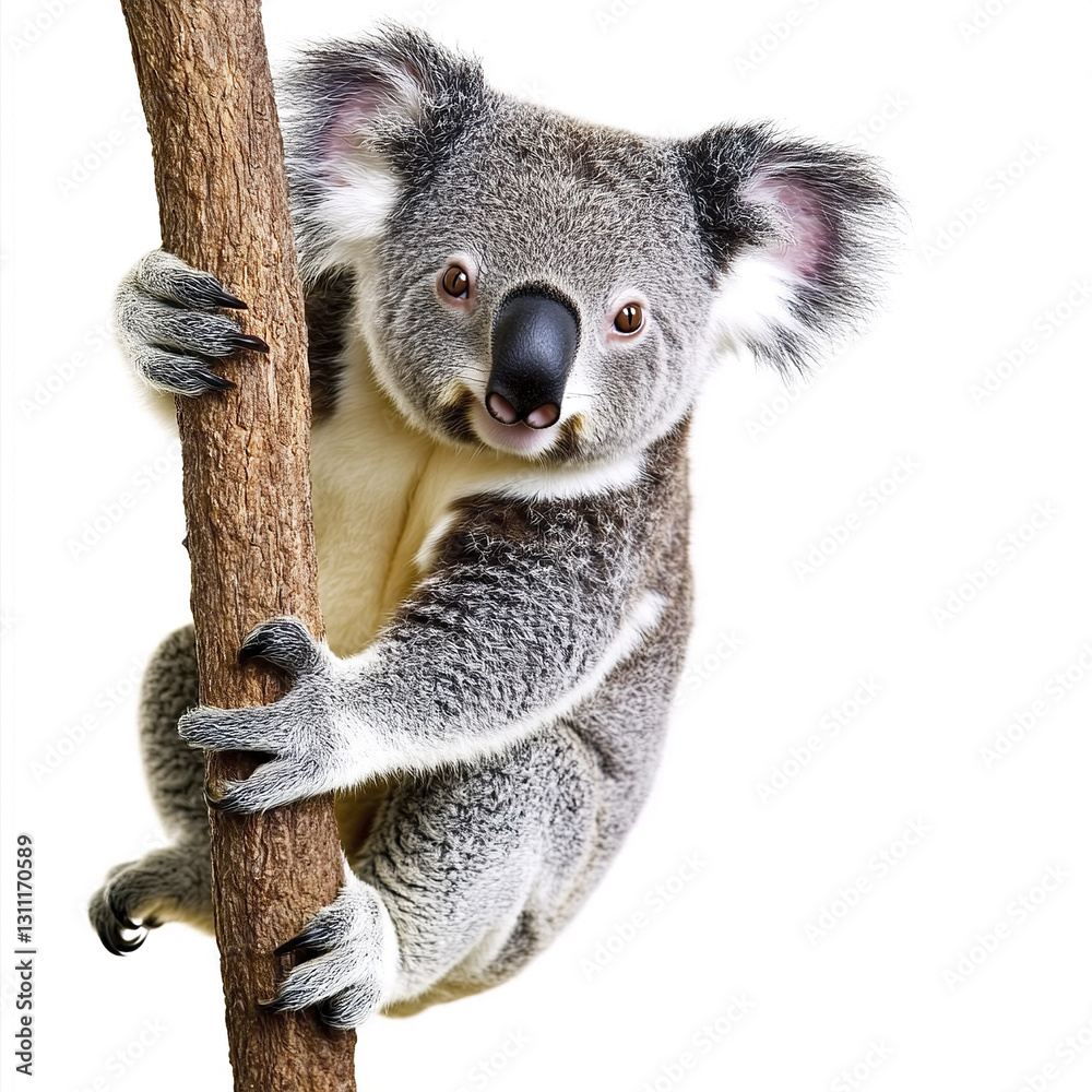 Naklejka premium Koala clinging to tree on white background