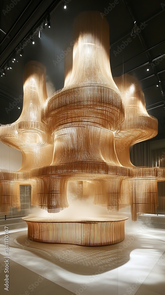 Obraz premium Captivating installation art featuring cascading threads in warm hues