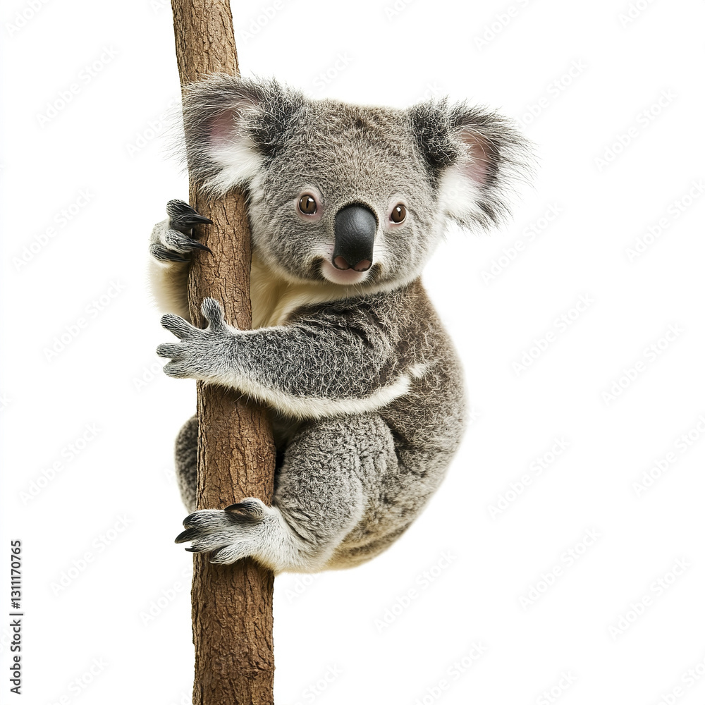 Naklejka premium Koala clinging to tree on white background