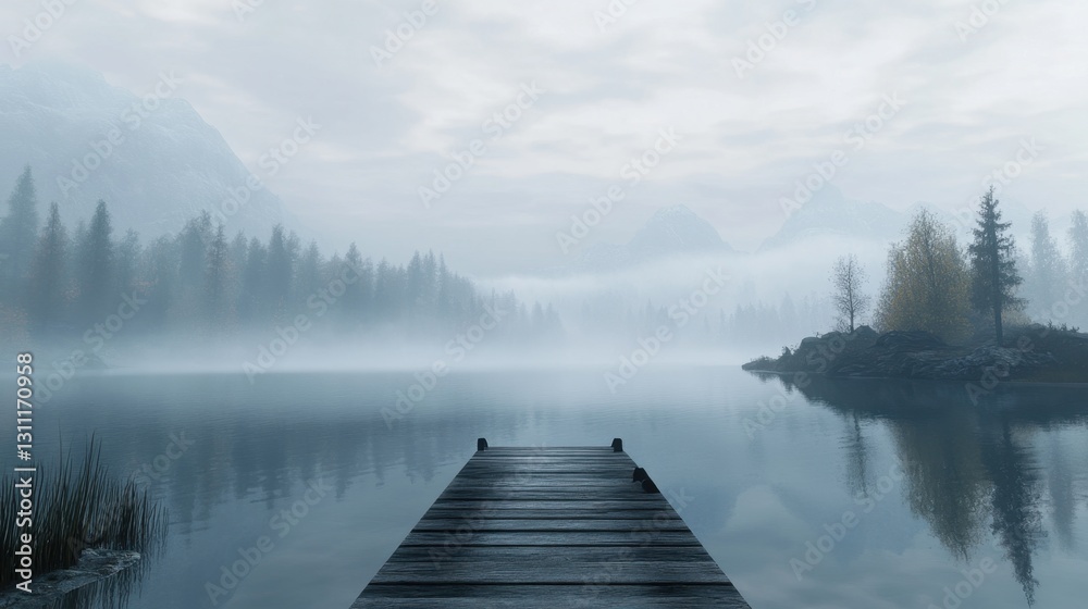 A foggy morning on a still lake, a wooden dock vanishing into misty mountain views. A foggy morning on a still lake, a wooden dock vanishing into misty mountain views.