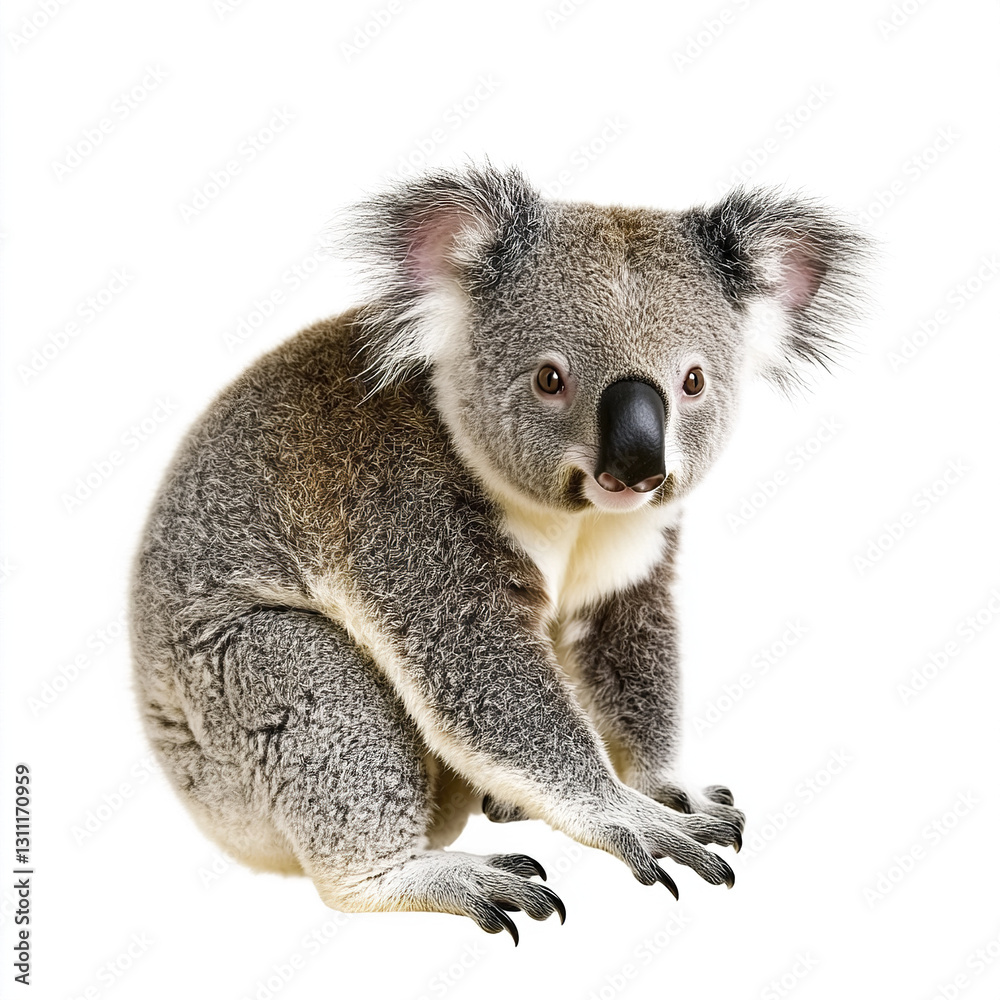 Koala sitting on white background, looking curious Koala sitting on white background, looking curious