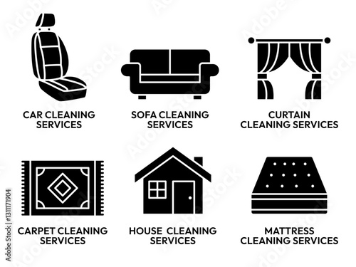 Cleaning services icon set. Cleaning services carpet, mattress, curtain, sofa, cushion car seat, house, bed icons. Logo cleaner. Cleaner service label. Vector illustration.