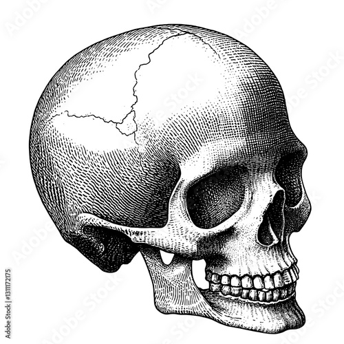 Engraved skull vector artwork suitable for tattoo design featuring realistic shading and intricate details