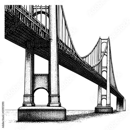 Engraved black and white vector design of a bridge with detailed architectural features suitable for tattoo art