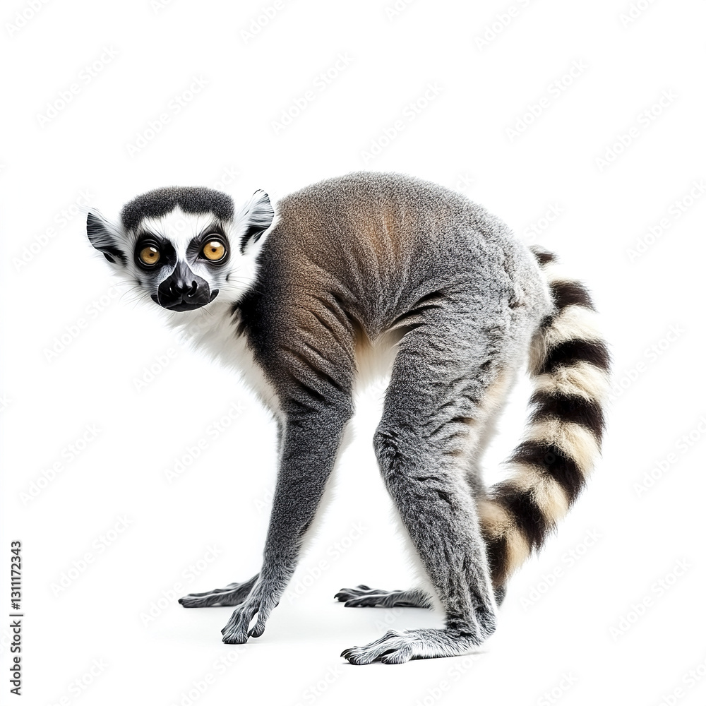 Fototapeta premium Lemur with striped tail isolated on white background