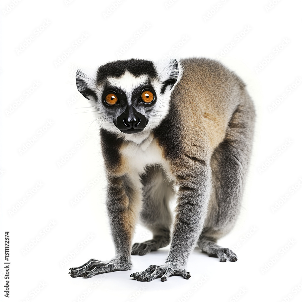 Fototapeta premium Lemur standing on white background, looking curious