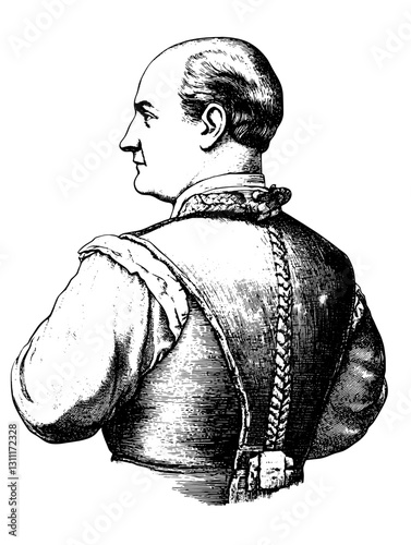 Engraved vector artwork of a tattooed man with a detailed design on his back showcasing elegance and artistry