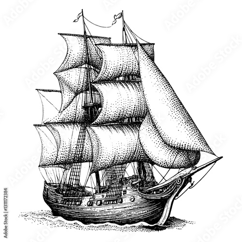 Intricate engraved vector tattoo design of an old sailing ship with billowing sails and detailed rigging