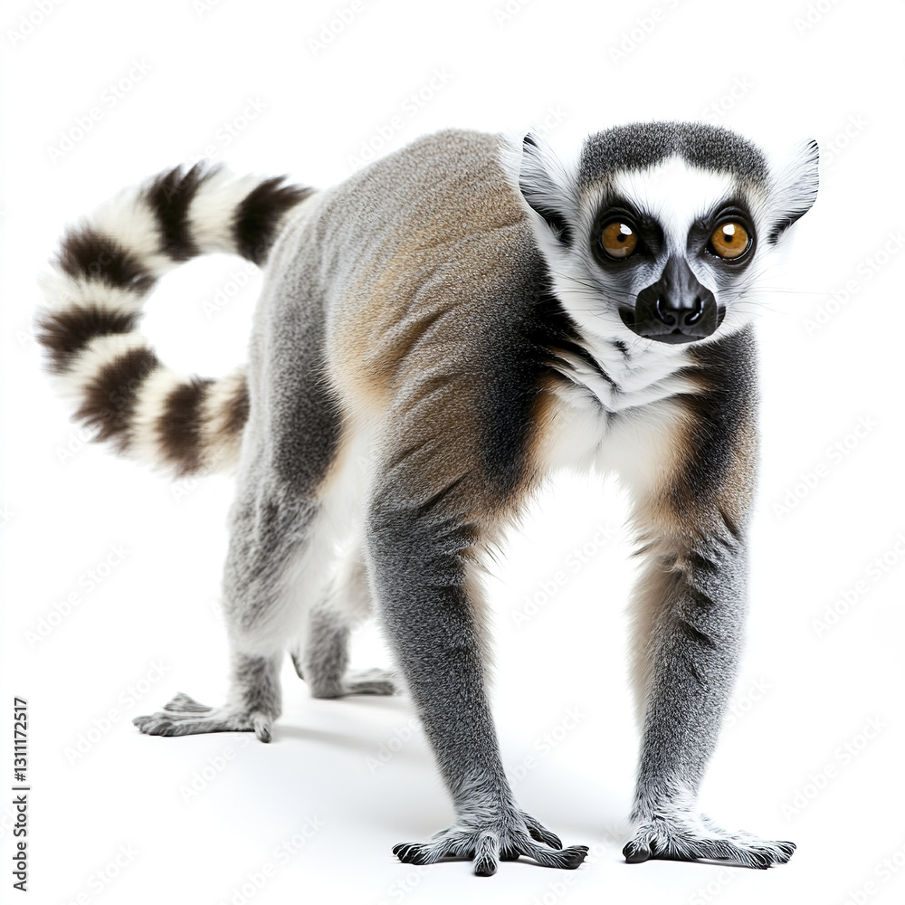 Fototapeta premium Ring tailed lemur standing on white background, looking curious
