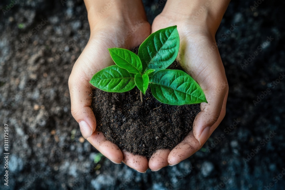 Hands holding a small plant in rich soil symbolizes growth and sustainability in a garden setting Hands holding a small plant in rich soil symbolizes growth and sustainability in a garden setting