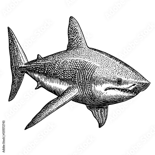 Engraved vector illustration of a shark designed for tattoo art