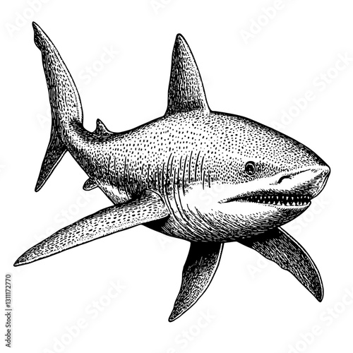 Intricate engraved vector design of a shark for tattoo enthusiasts showcasing detailed features