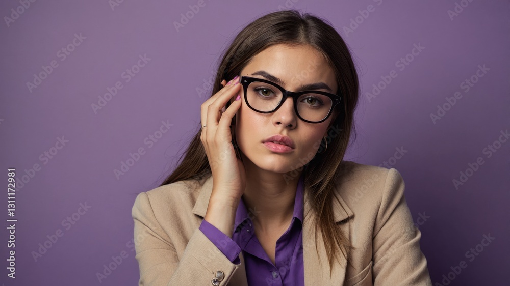 Woman in glasses and blazer posing against a purple background looking at the camera with a calm demeanor. Woman in glasses and blazer posing against a purple background looking at the camera with a calm demeanor.