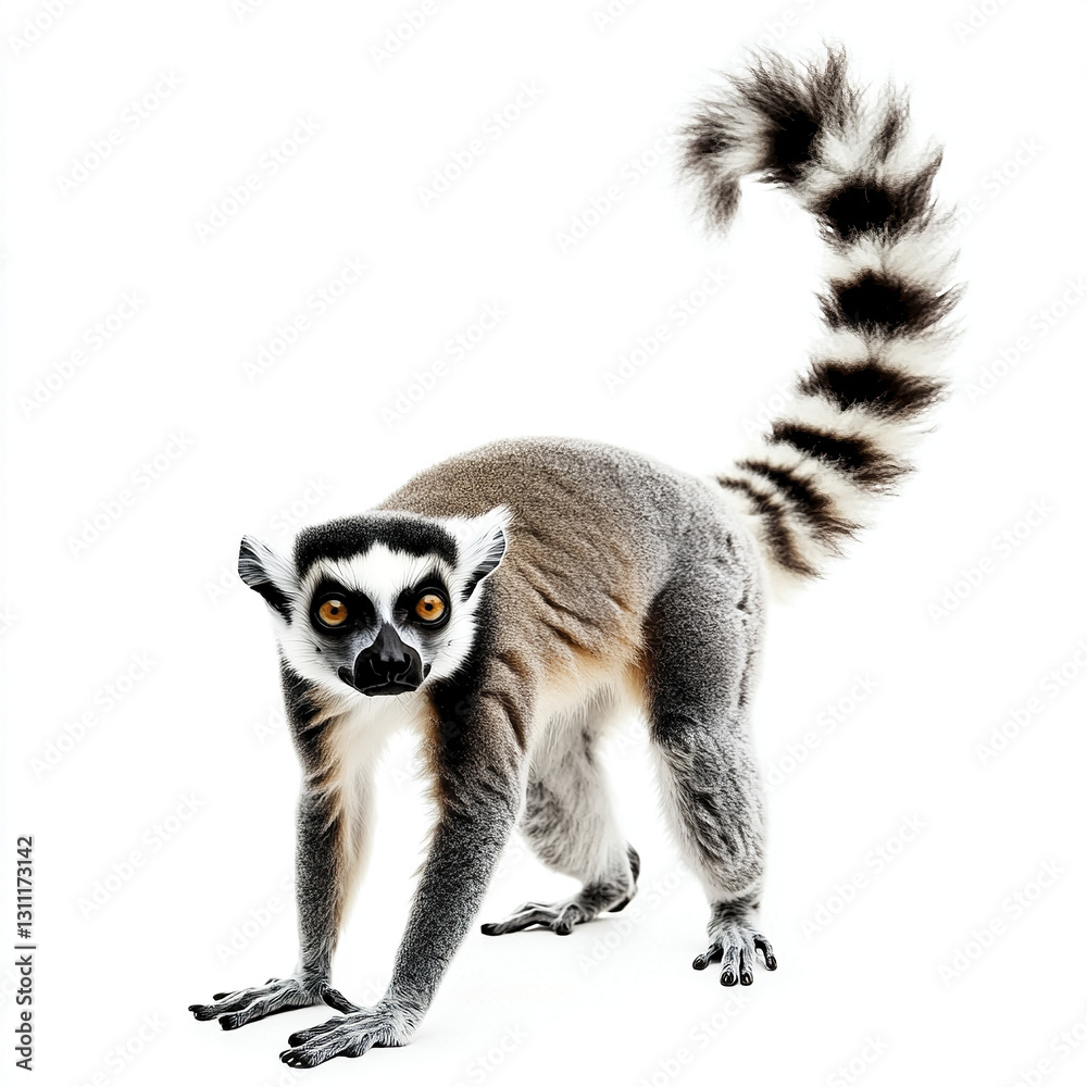 Fototapeta premium Ring tailed lemur standing on white background, looking curious
