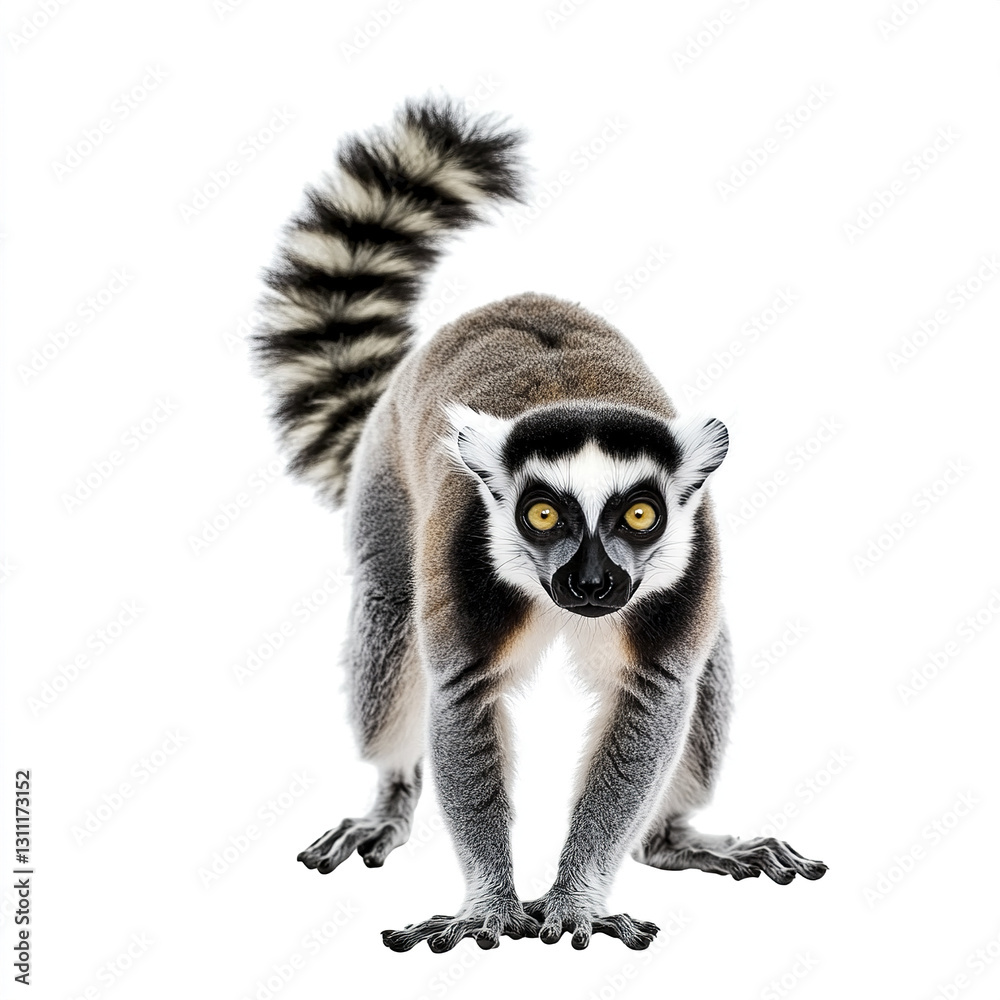Fototapeta premium Ring tailed lemur isolated on white background, looking curious