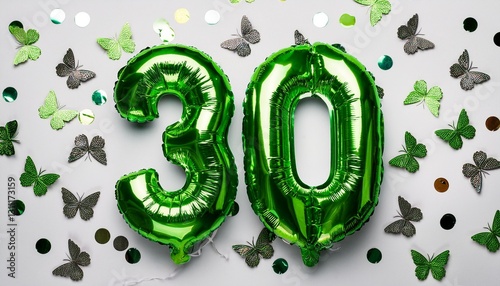 Green balloon number 30 for thirtieth birthday or anniversary party. White background with confetti photo