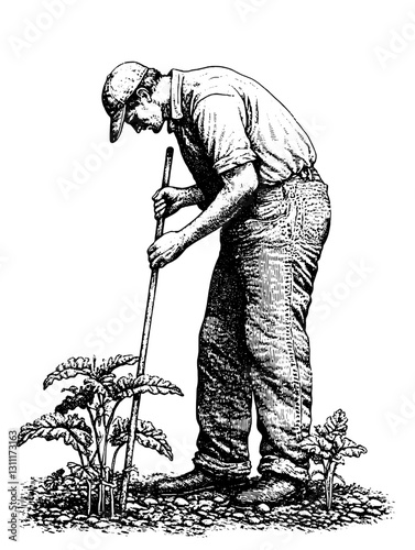 Engraved vector tattoo design of a man working in a garden under a clear sky