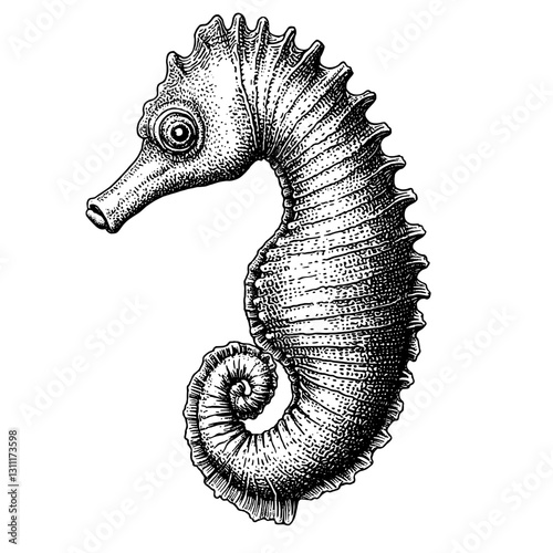 Engraved vector illustration of a seahorse suitable for tattoo designs and decorative elements in various artworks