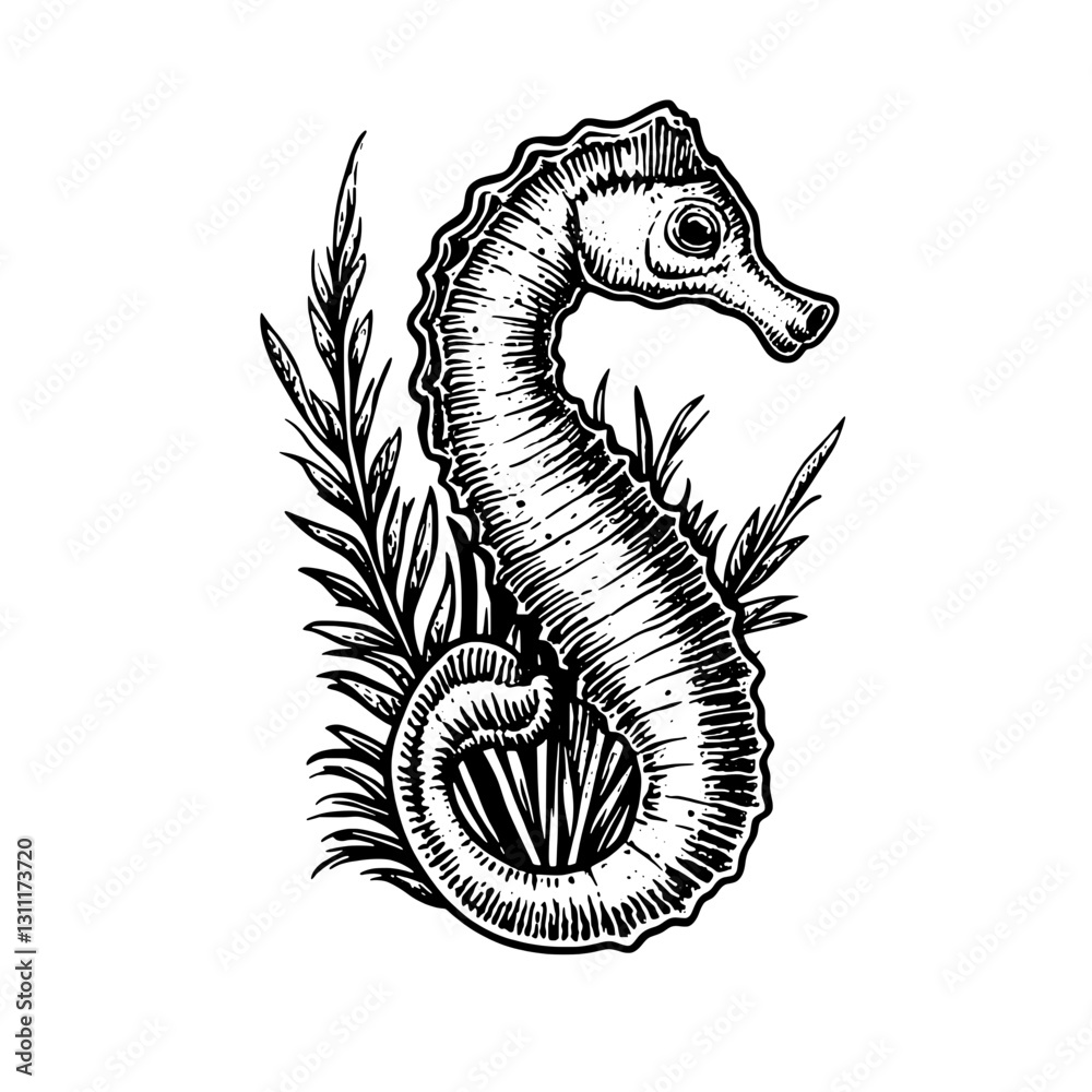 Obraz premium Intricate engraved seahorse design surrounded by aquatic plants in a vector style suitable for tattoo art