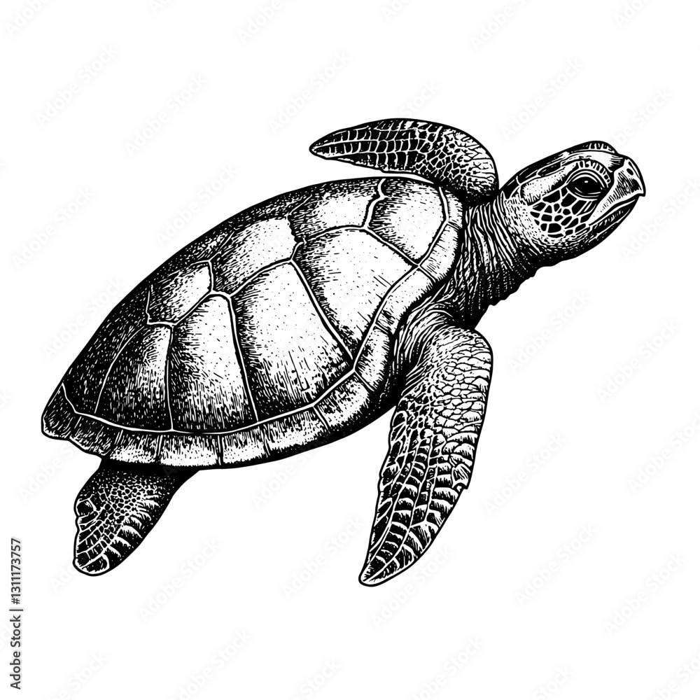 Obraz premium Engraved turtle vector design suitable for tattoo art featuring intricate details of the animal's shell and fins