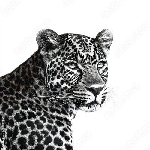 Black leopard isolated on white background, showcasing its striking pattern