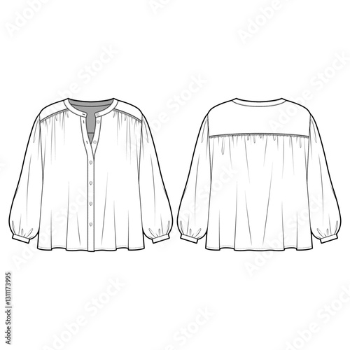 Technical flat sketch of Balloon sleeve top. Shirring detailed volume blouse with button placket. 3 4 sleeve, buttons, yoke seam. Vector mock up Template. 